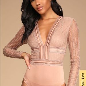 Lulus Casita Beige Sheer Lace Long Sleeve Bodysuit